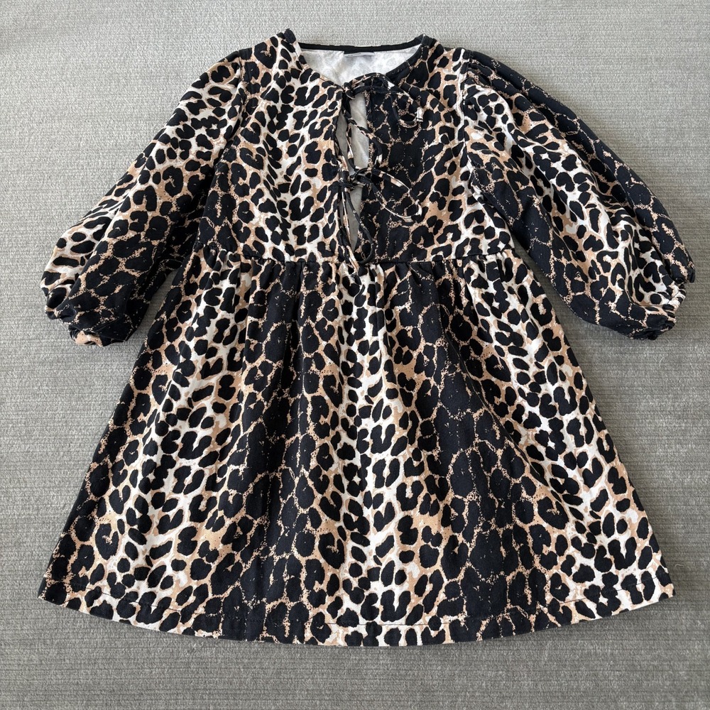 ASOS‎ DESIGN Denim Puff Sleeve Tie Front Dress Leopard Print Womens Small Midi